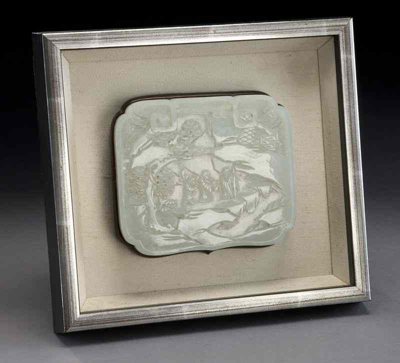 Appraisal: Chinese Qing framed carved jade plaquedepicting three immortals in a