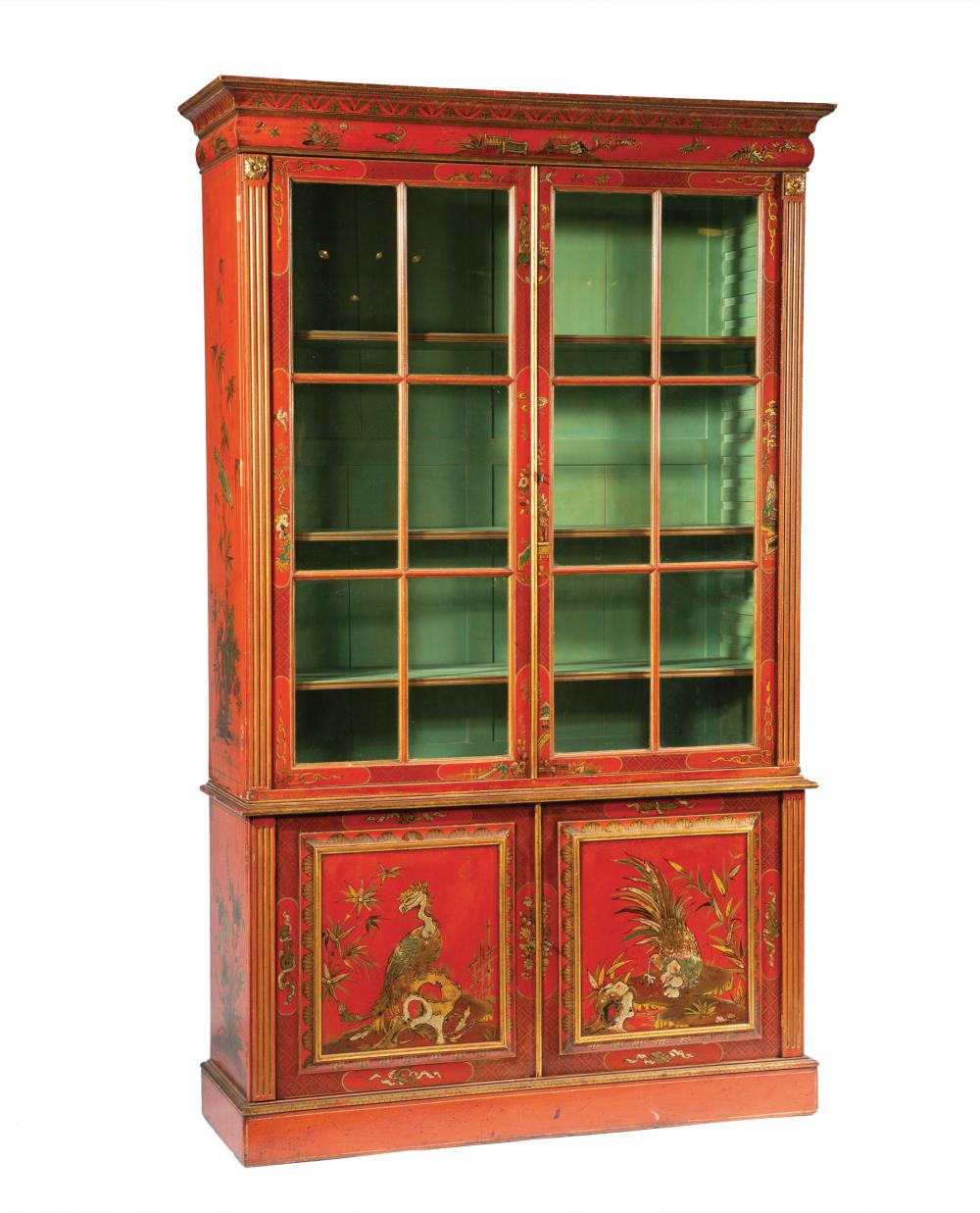 Appraisal: Antique Continental Chinoiserie Bookcase molded cornice bolection frieze two glazed