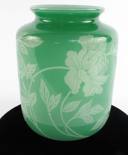 Appraisal: STEUBEN GREEN JADE ART GLASS VASE acid cut back pattern