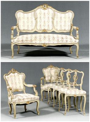 Appraisal: French paint decorated parlor suite settee two open armchairs four