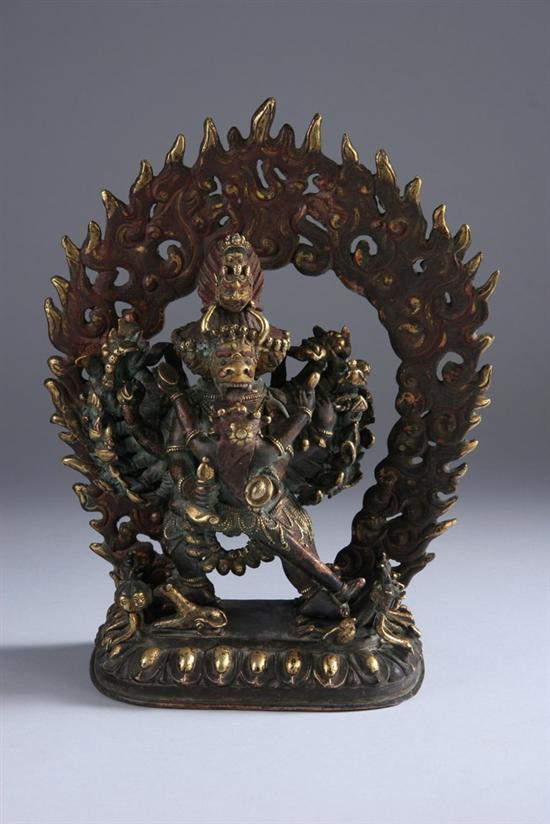 Appraisal: TIBETAN POLYCHROME GILT BRONZE FIGURE OF YAMANTANKA Early th century