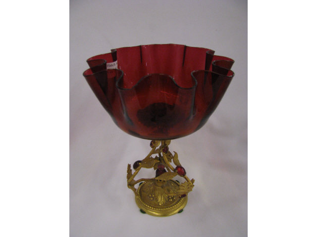 Appraisal: Amberina Art Glass Dore Bronze Compote ruby glass jewels and