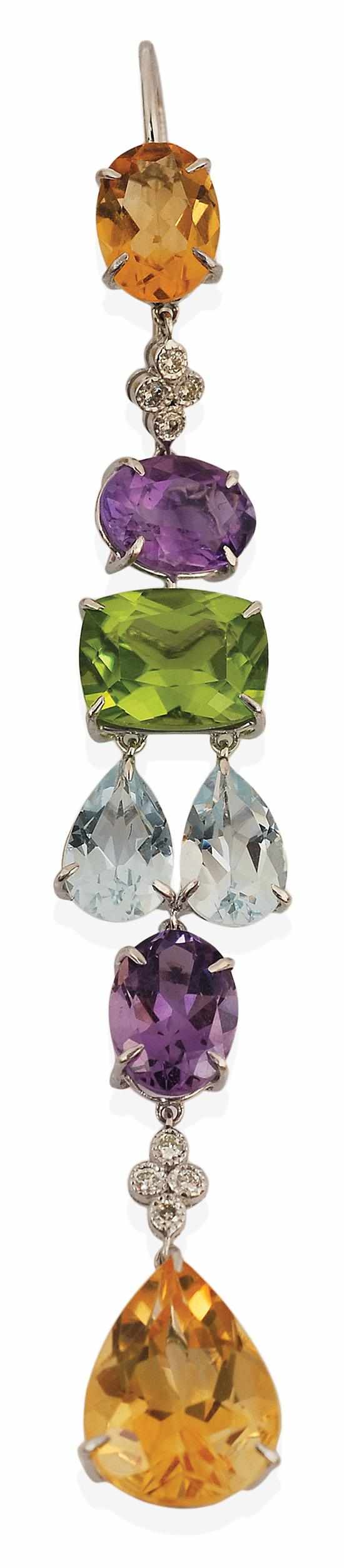 Appraisal: A PAIR OF MULTI GEM AND DIAMOND EARRINGS Each earring