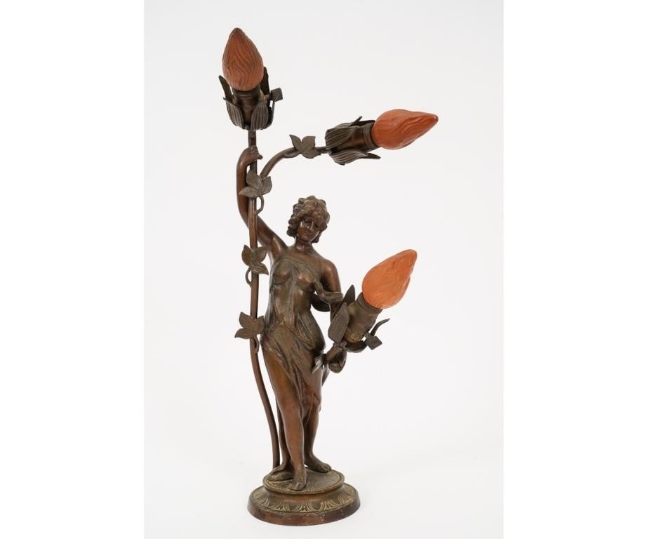 Appraisal: Art Nouveau faux bronze spelter metal table lamp with maiden