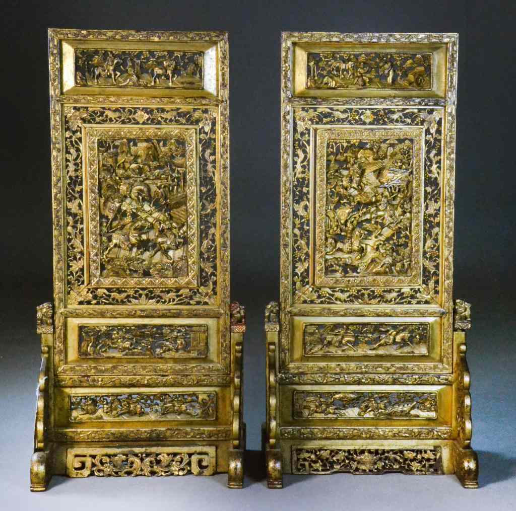 Appraisal: Pr Chinese Qing Carved Giltwood Panels On StandsThe central upper