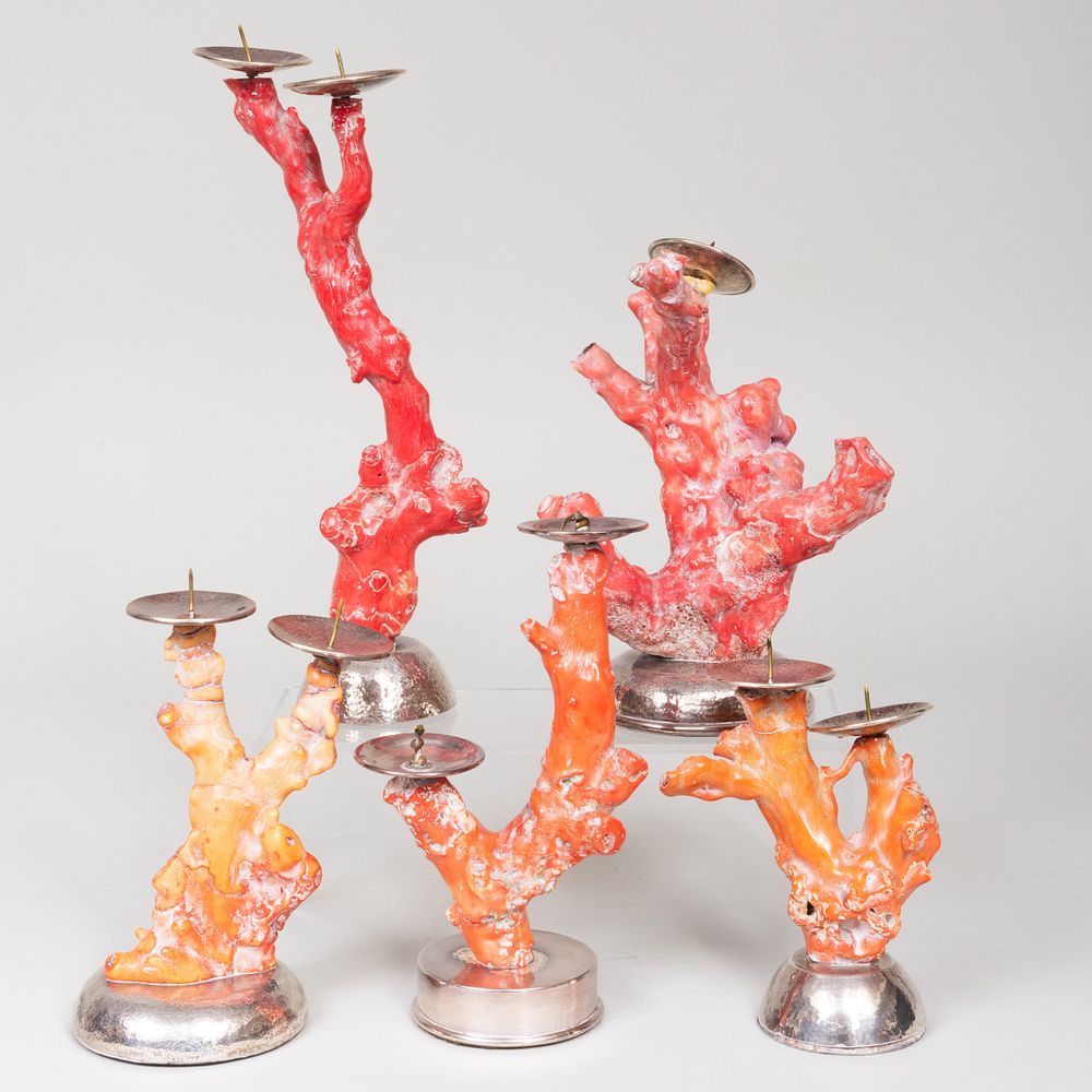 Appraisal: Group of Four American Silver-Mounted Red Coral Pricket Sticks Marked