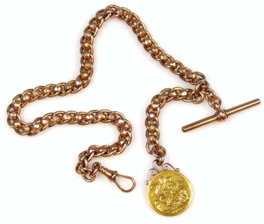 Appraisal: A fancy link heavy ct gold watch chain with T