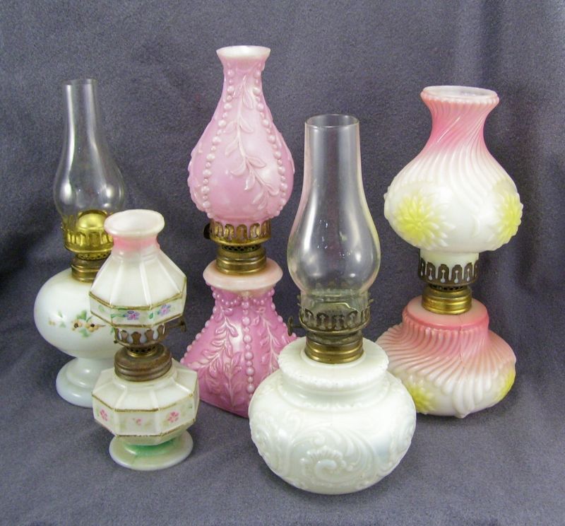 Appraisal: - Miniature Kerosene Lamps Includes Footed milk glass base with