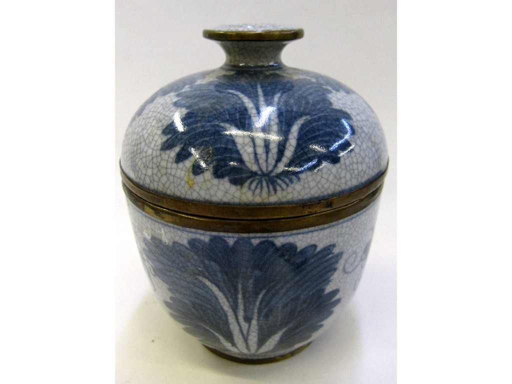 Appraisal: Oriental crackle glaze pot and cover with brass bound rims