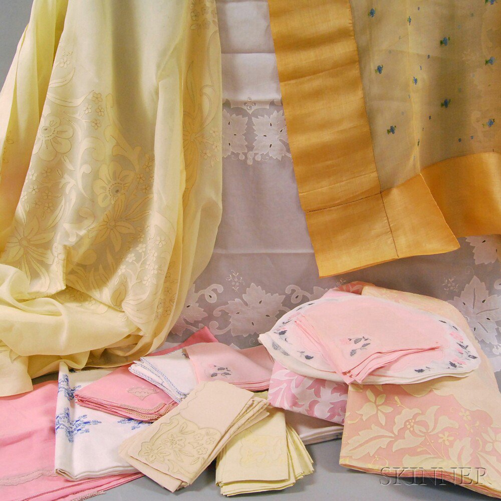 Appraisal: Five Embroidered Linen and Lace Table Sets including tablecloths napkins