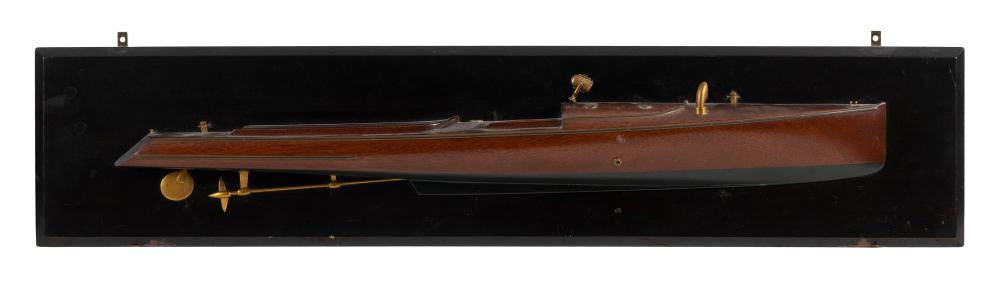 Appraisal: MOUNTED HALF HULL MODEL OF A SPEEDBOAT FIRST HALF OF