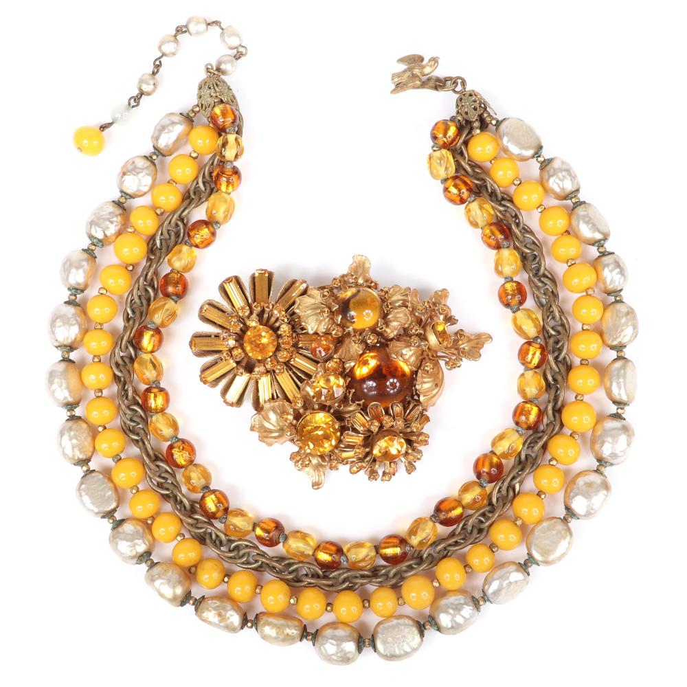 Appraisal: MIRIAM HASKELL -STRAND NECKLACE WITH FAUX PEARLS YELLOW AMBER GLASS