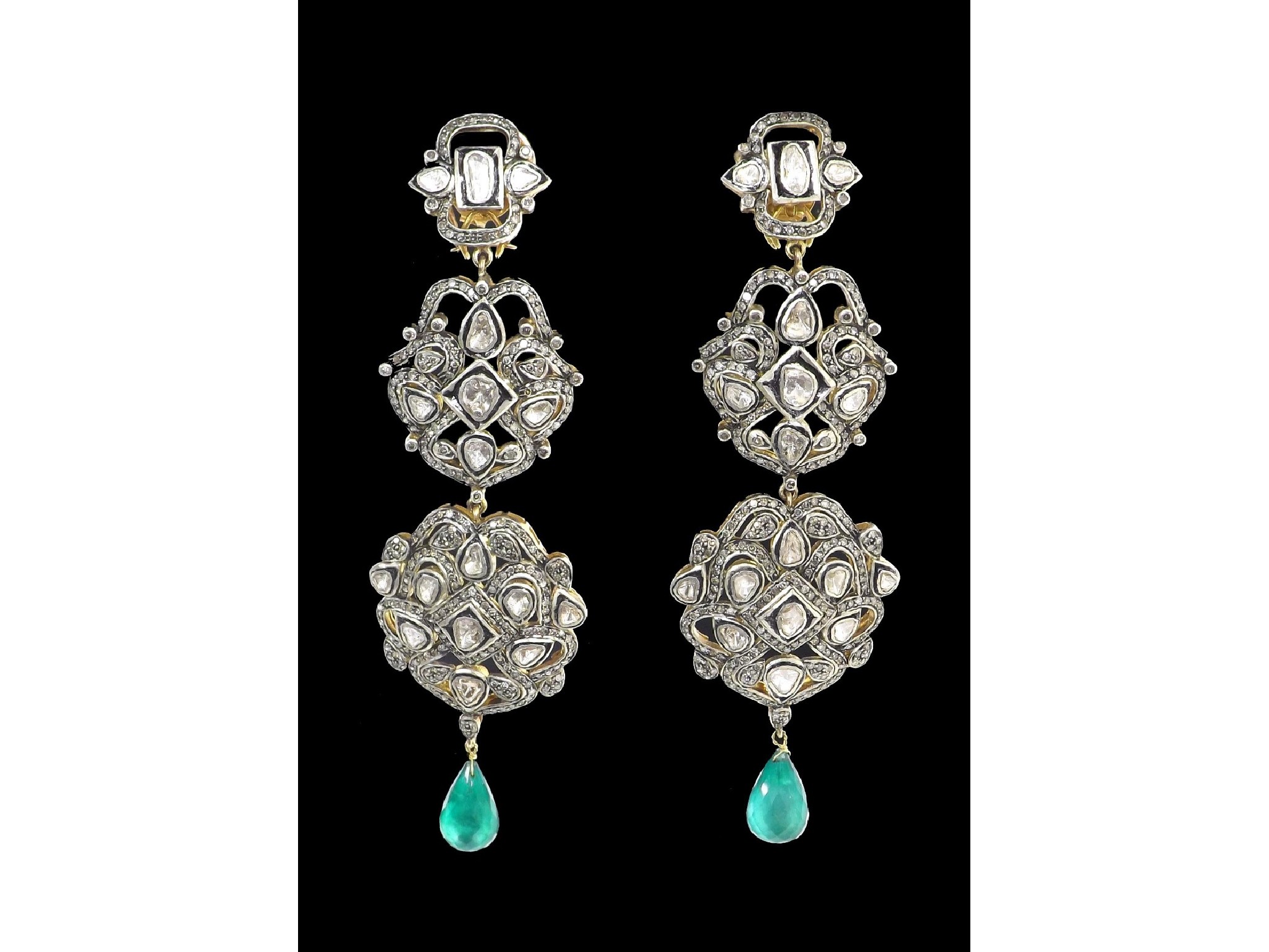 Appraisal: -n Pair of Indian design diamond and emerald drop earrings