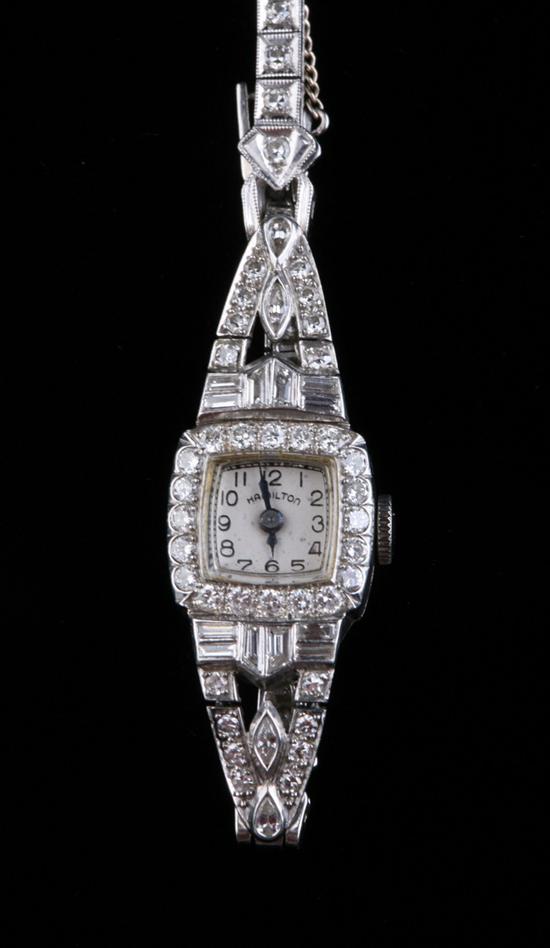 Appraisal: LADY'S LATE ART DECO PLATINUM AND DIAMOND WRISTWATCH By Hamilton