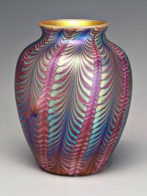 Appraisal: Lundberg art glass vase diagonal bands of iridescent feather decoration