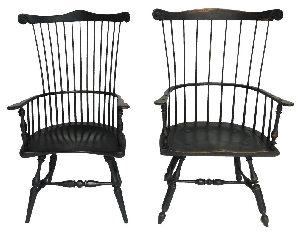 Appraisal: Two similar Windsor fan back arm chairs th C black