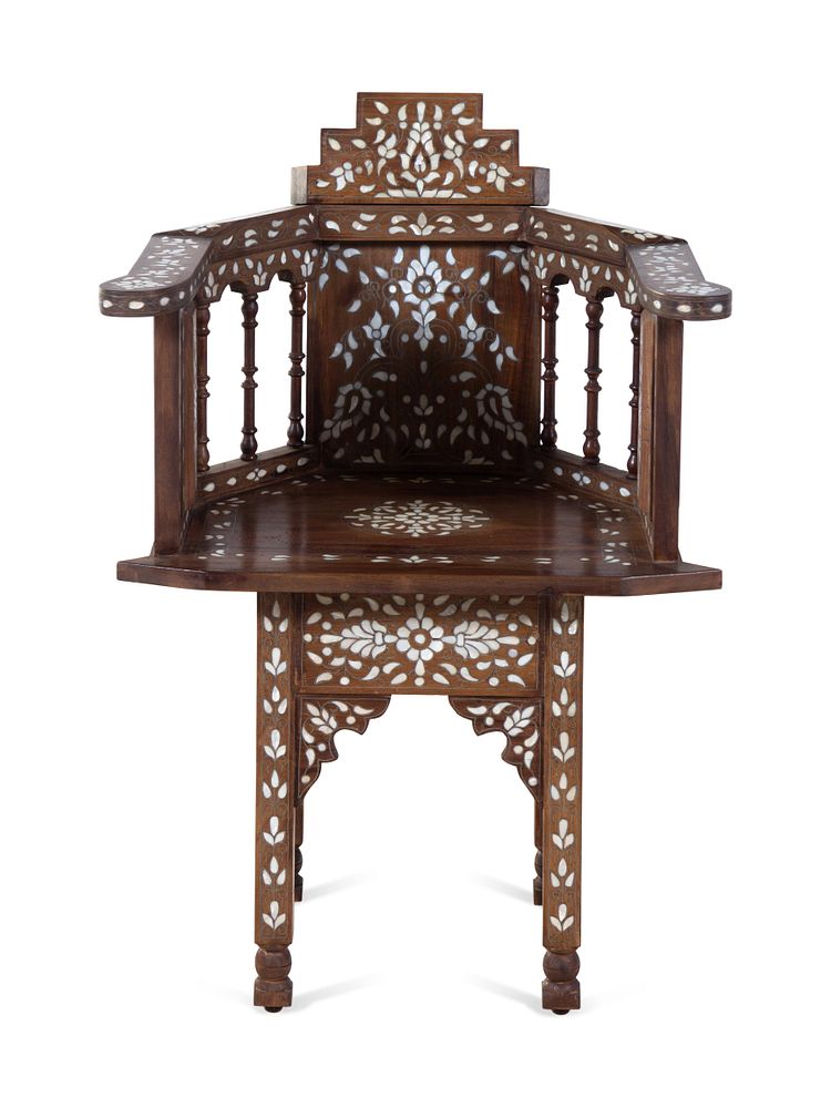 Appraisal: A Syrian Mother-of-Pearl and Metal Inlaid Walnut Armchair A Syrian