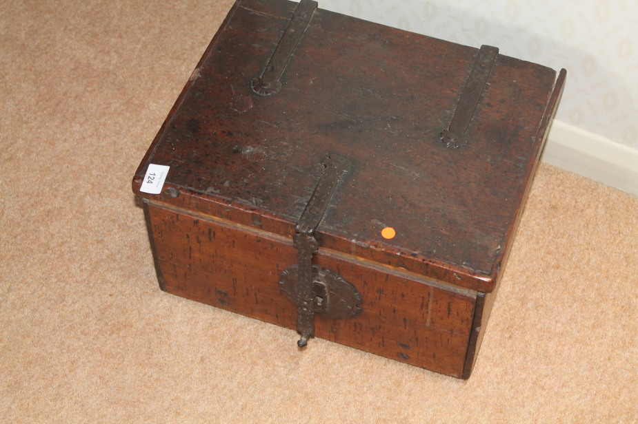 Appraisal: A period oak deed box fitted with parquetry drawers