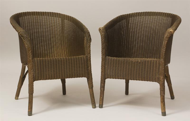 Appraisal: Pair of Brown-Stained Wicker Low Tub-Back Armchairs With label Lloyd