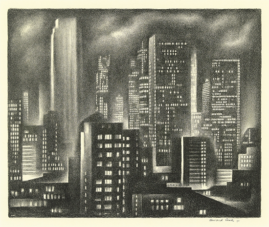 Appraisal: HOWARD COOK New York Night Lithograph x mm x inches