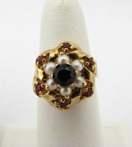 Appraisal: K yellow gold garnet and seed pearl cluster ring with