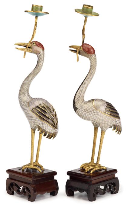 Appraisal: Pair of Chinese cloisonne and gilt-metal mounted egret form candlesticks