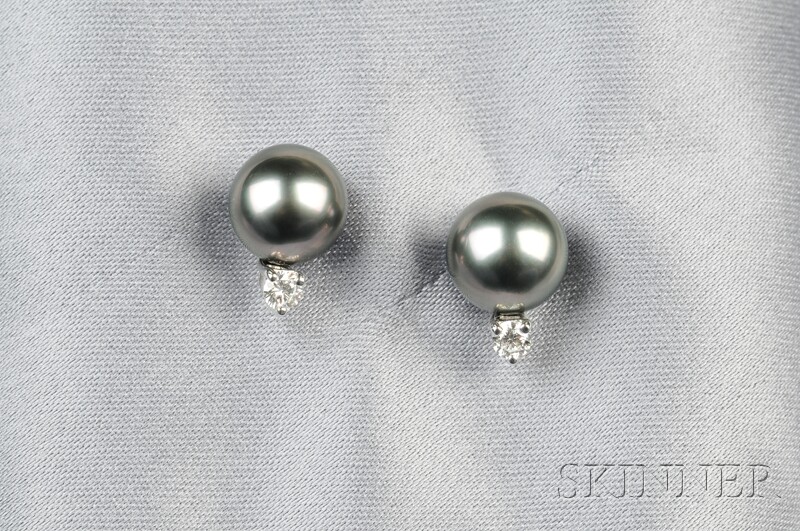 Appraisal: kt White Gold Black Pearl and Diamond Earstuds Mikimoto each