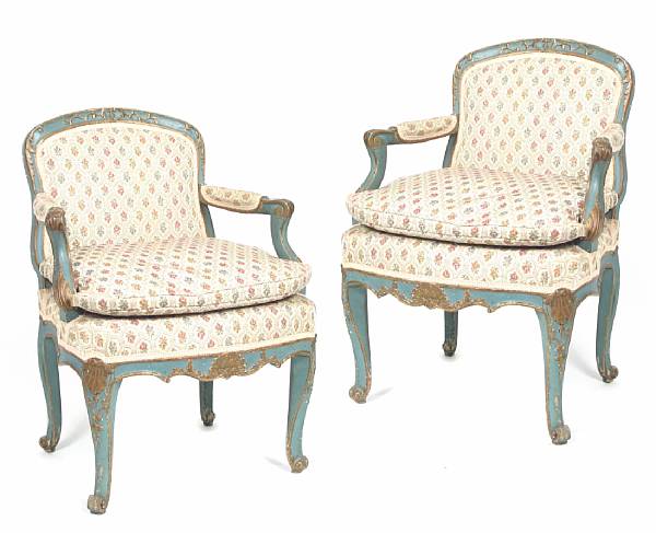 Appraisal: A pair of Venetian Rococo painted and parcel gilt armchairs