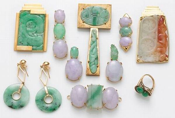 Appraisal: A collection of multi-colored jade and k gold jewelry including