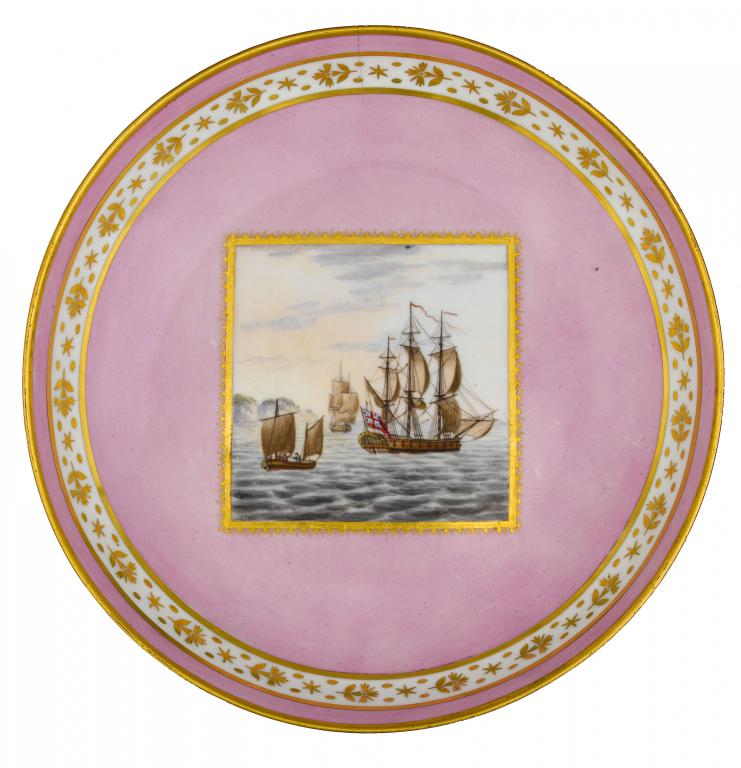 Appraisal: A DERBY SAUCER-DISH painted by George Robertson with a frigate