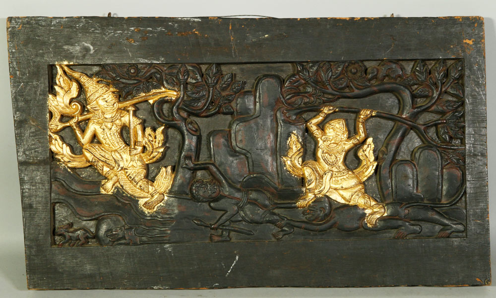 Appraisal: - Panel with Figures Wooden panel with gold figures