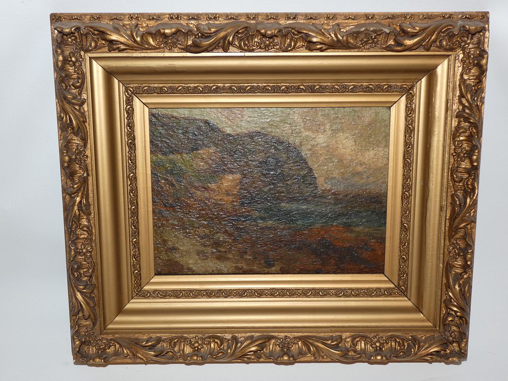 Appraisal: ANTIQUE SHORELINE PAINTING Antique impressionist oil painting on thick wood