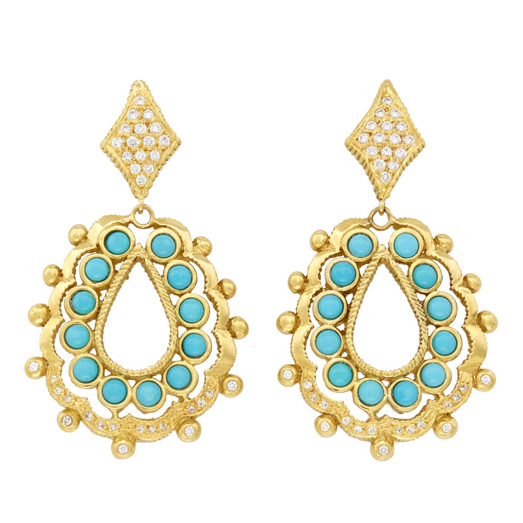 Appraisal: Pair of Gold Turquoise and Diamond Pendant-Earrings Doris Panos With