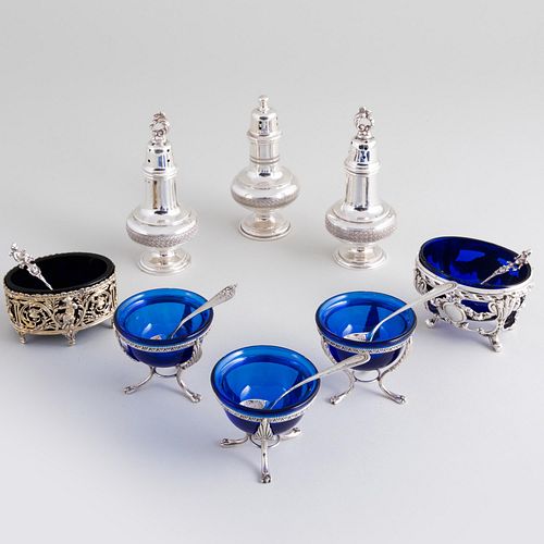 Appraisal: GROUP OF SILVER SALT CELLARS SPOONS AND CASTERSComprising A French