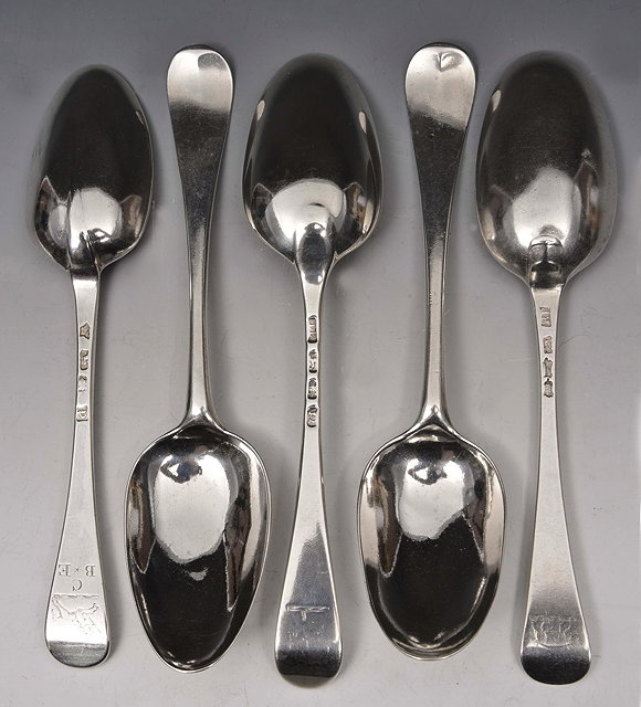 Appraisal: FIVE GEORGIAN SILVER HANOVERIAN PATTERN TABLESPOONS TO INCLUDE two by