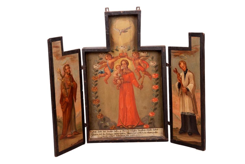 Appraisal: GERMAN SCHOOL RELIGIOUS TRIPTYCH the two doors having saints on