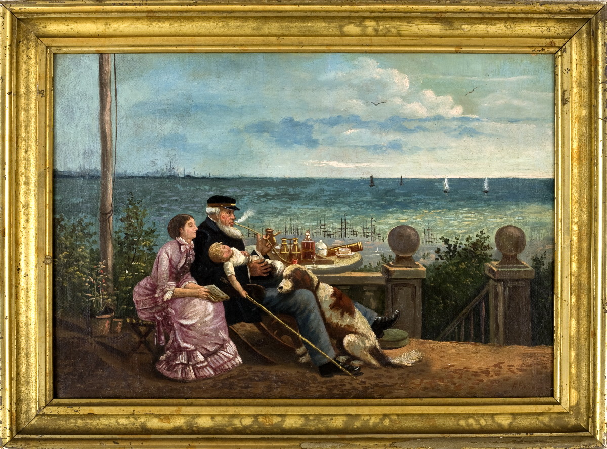 Appraisal: SEA CAPTAIN WITH HIS FAMILY AND DOG AT SEASIDE Oil