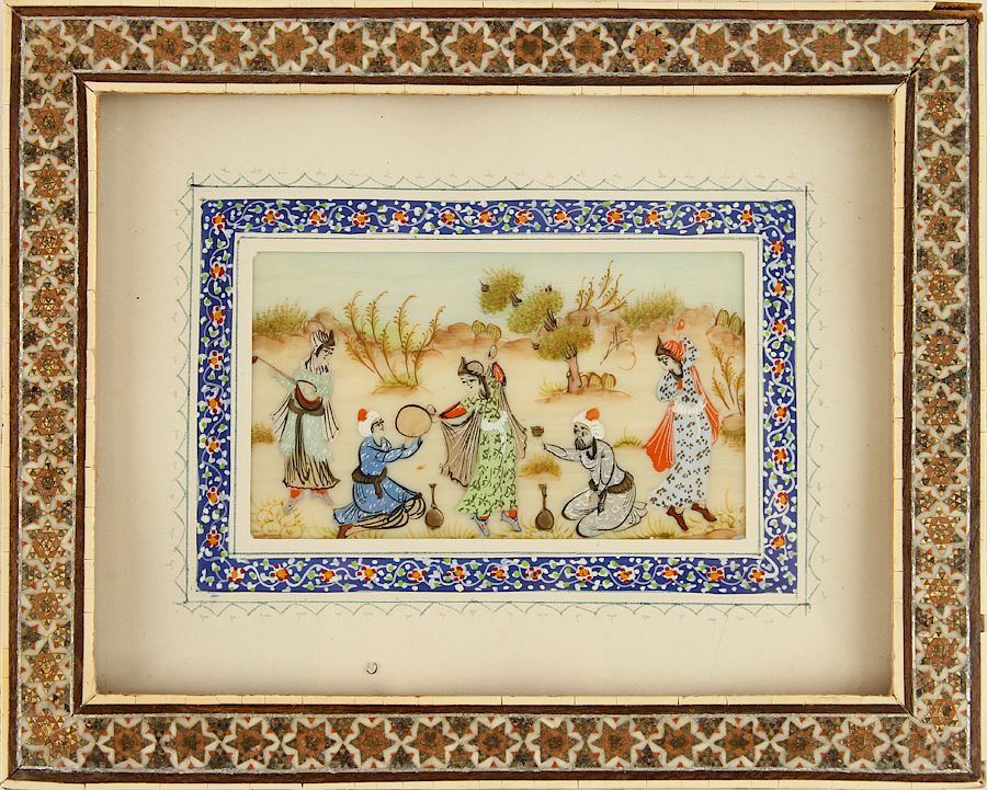 Appraisal: PERSIAN KHATAM MARQUETRY FRAME HAND PAINTED A Persian Khatam marquetry