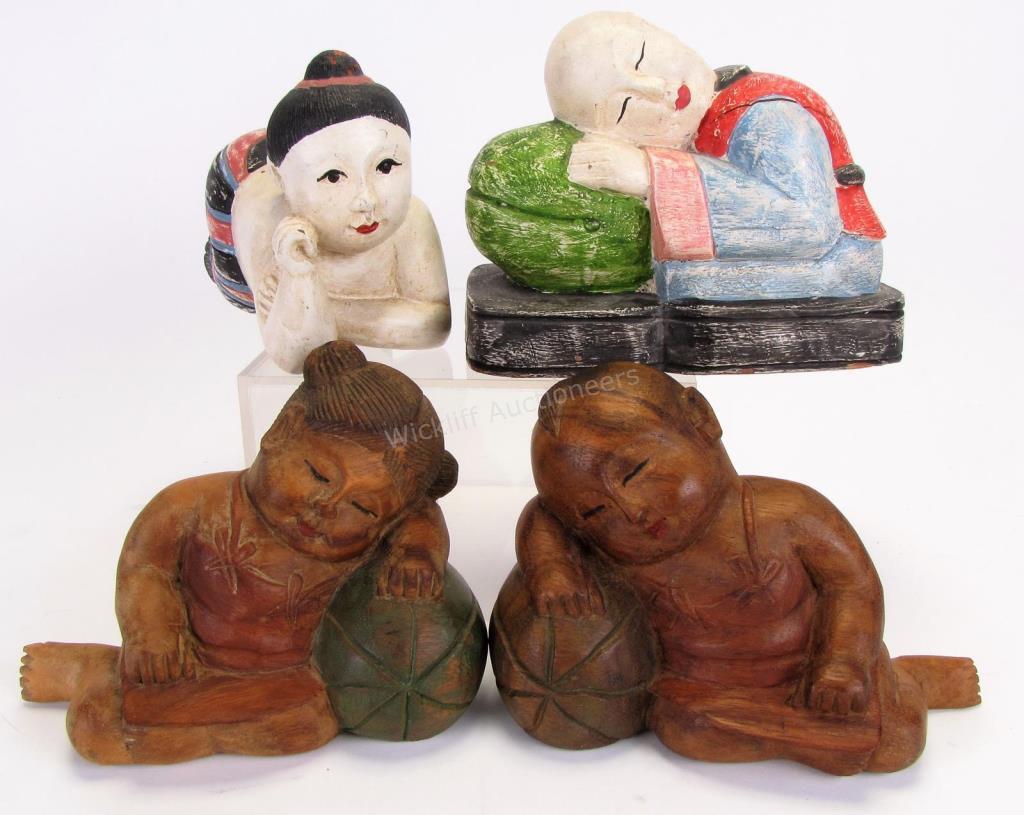 Appraisal: Four Oriental Wood Carved Figures two figures of children asleep