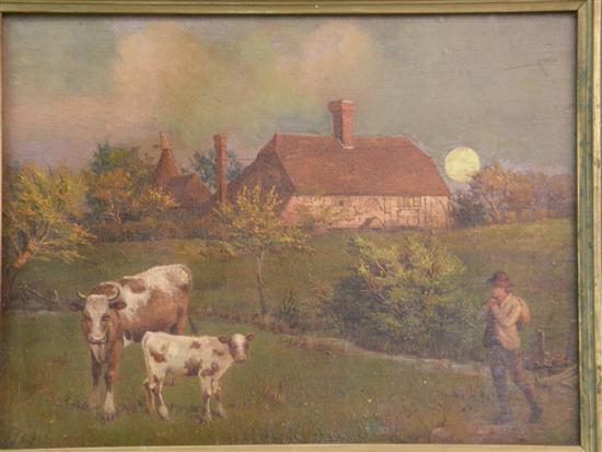 Appraisal: th Century oil on board Country scene with cows signed