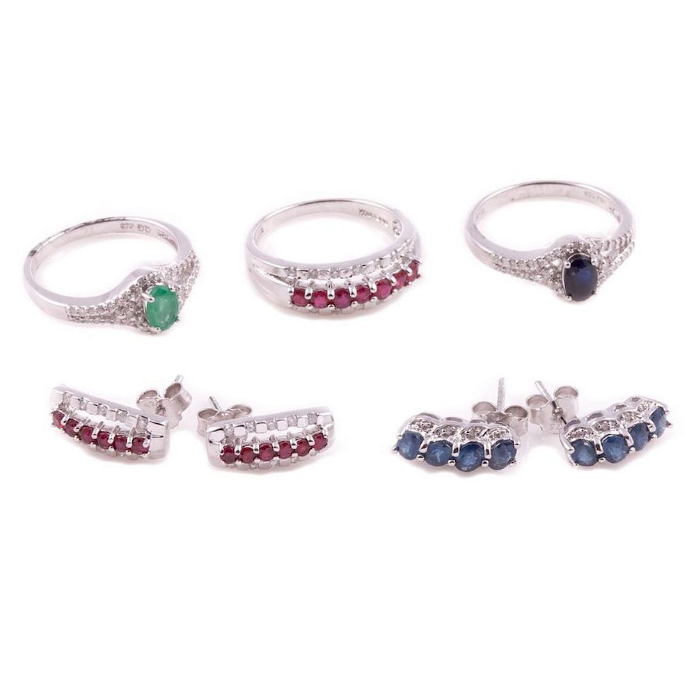 Appraisal: Gem-set diamond and sterling silver jewelry comprising rings and pairs