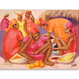 Appraisal: Petion Savin Haitian born Acrylic on board Fruit Sellers Signed