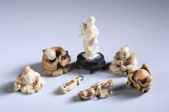 Appraisal: FIVE JAPANESE IVORY NETSUKE Meiji period Together with figure of