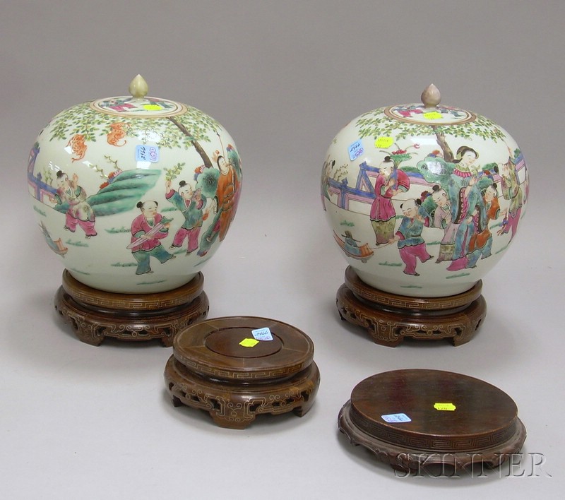 Appraisal: Pair of Asian Covered Rose Jars and Four Carved Teak