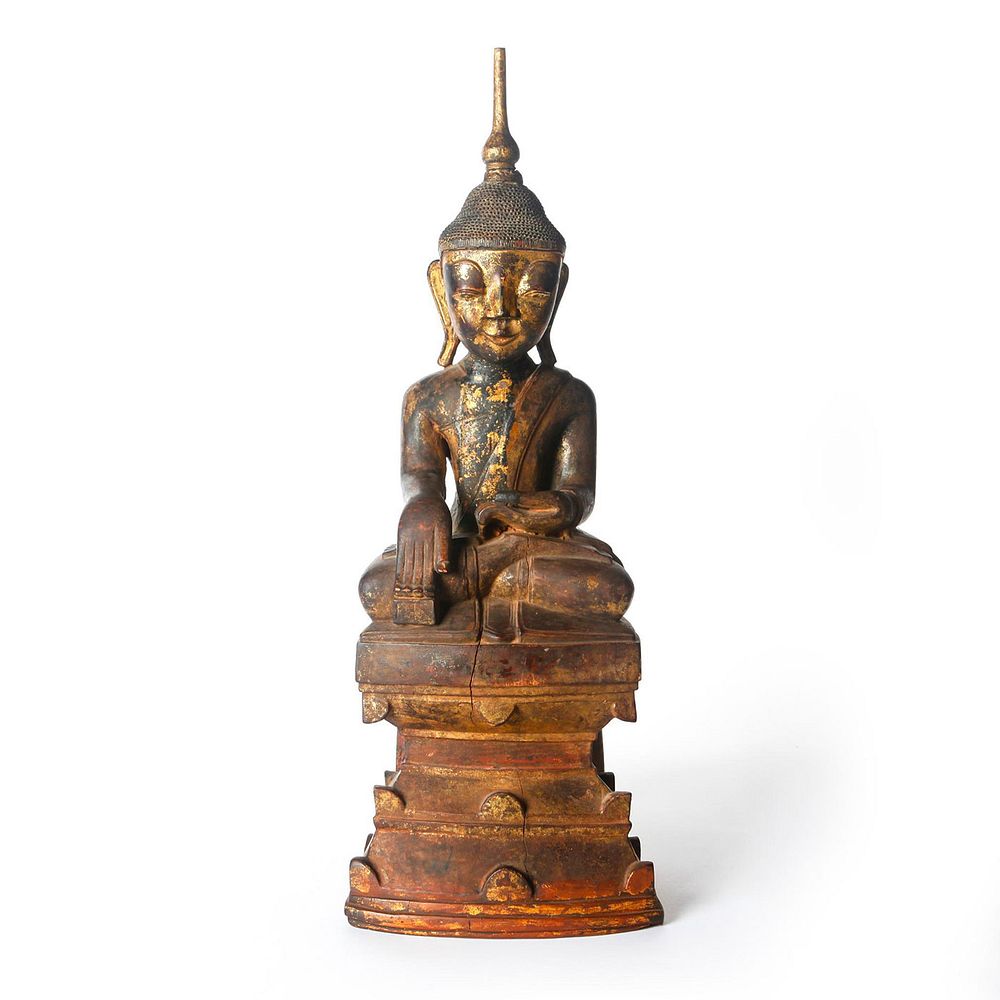 Appraisal: LATE SHAN PERIOD BURMESE WOODEN BUDDHA LACQUER GILT Late th