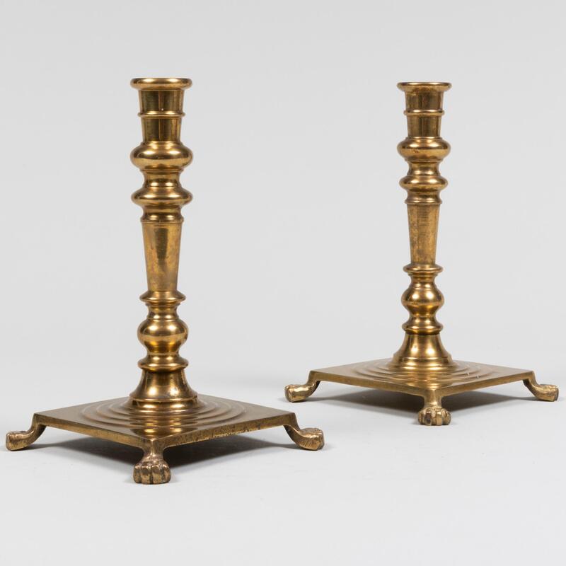 Appraisal: Pair of English Brass Footed Candlesticks x x in Condition