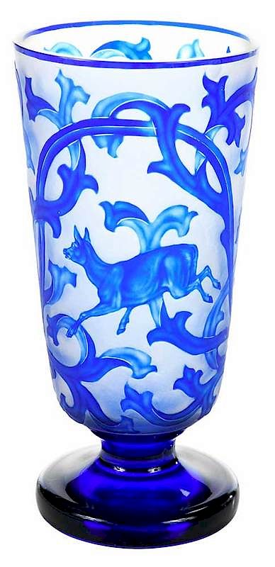 Appraisal: Bohemian Cobalt Overlay Deer Vase Continental late th century in