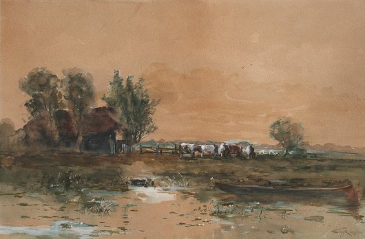 Appraisal: GRUPPE Charles American - Pastoral Landscape with Cattle grazing Watercolor