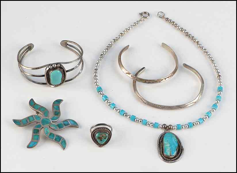 Appraisal: GROUP OF TURQUOISE AND SILVER JEWELRY Comprising a necklace brooch