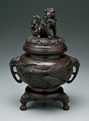 Appraisal: Japanese bronze tripod censer Buddhist lion finial lion heads with